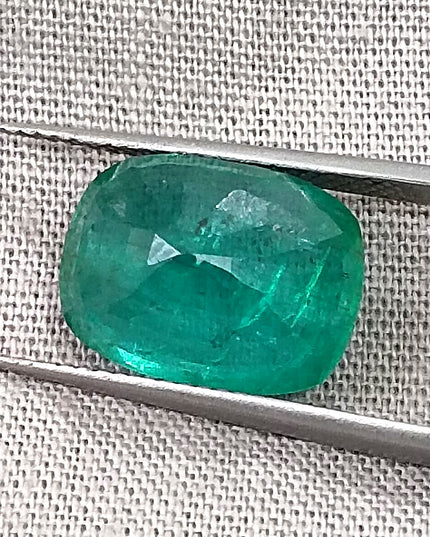 5.36ct Natural Zambian Emerald, Deep Pure Green Cushion Cut Minor Oiled Loose Gemstone.