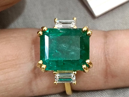 8.36ct Natural Emerald Ring Set with 0.38ct Diamonds(CVD) 925 Silver Gold Plated