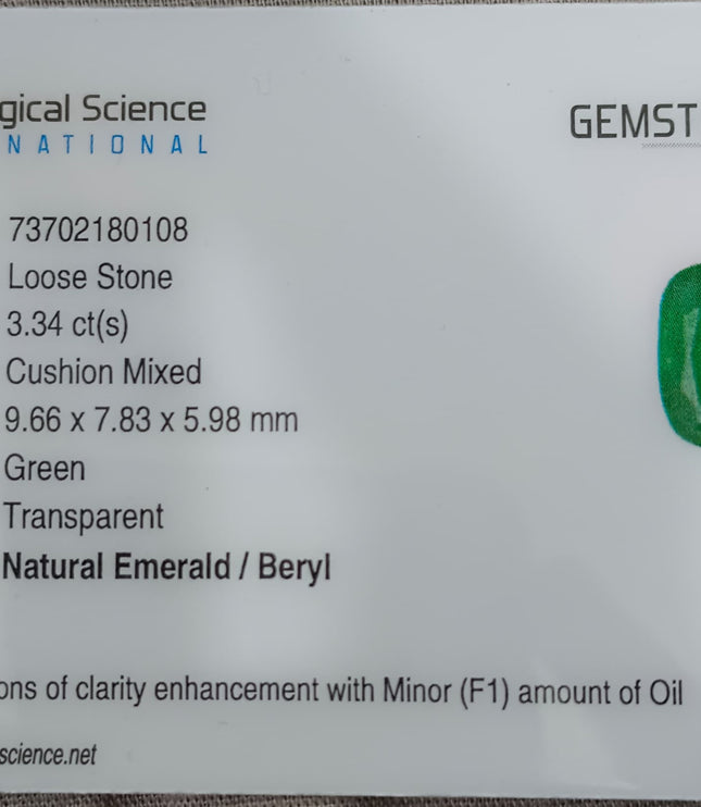 Zambian Emerald 3.34ct Certified Natural Medium Deep vivid Green Cushion Cut Loose Gemstone