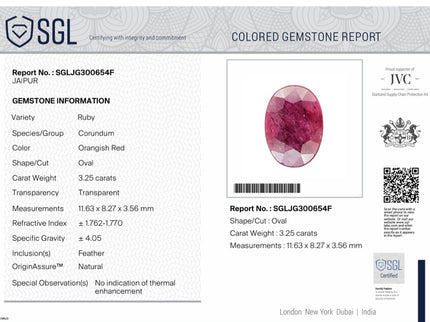 3.25ct Unheated Natural Ruby Crimsom Red SGL Certified Oval Cut Loose Stone