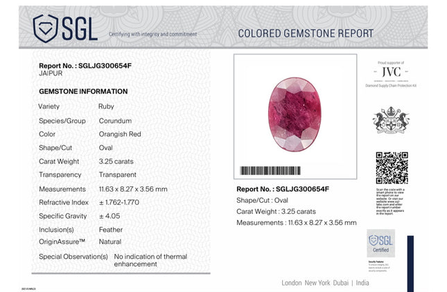 3.25ct Unheated Natural Ruby Crimsom Red SGL Certified Oval Cut Loose Stone