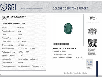 1.87ct Natural Emerald Medium Green Oval Cut SGL Certified Minor oil Gemstonr