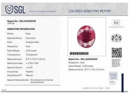 2.29ct untreated Natural Ruby Mozambique SGL Certified Rasberry Red