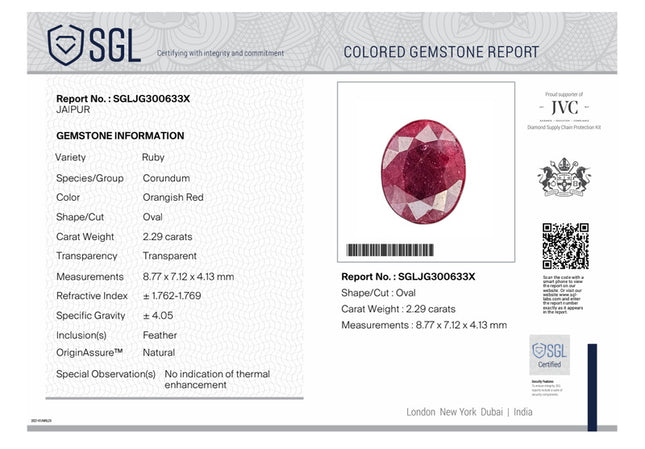 2.29ct untreated Natural Ruby Mozambique SGL Certified Rasberry Red