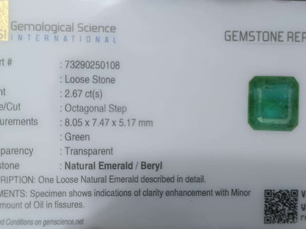 Zambian Emerald 2.67ct Certified Natural Medium Deep Green Octagon Cut Minor Oiled Loose Gemstone
