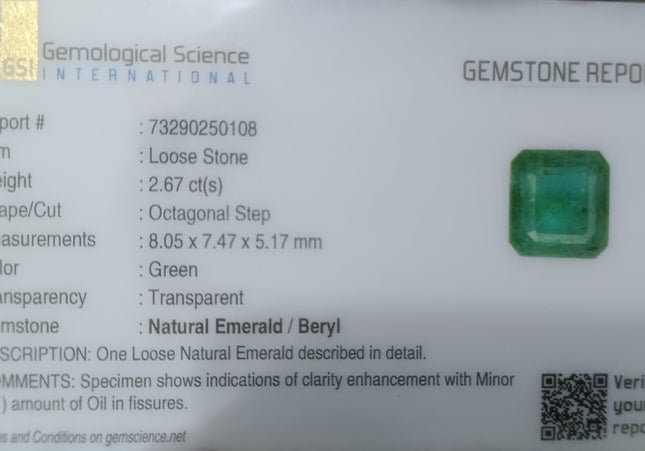 GSI USA Certified Medium Deep Green Zambian Emerald Minor Oiled Loose Gemstone