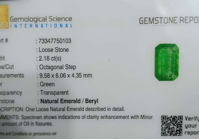 GSI Certified 2.18ct Medium Light Green Panjshir Emerald Minor Oiled Loose Gemstone