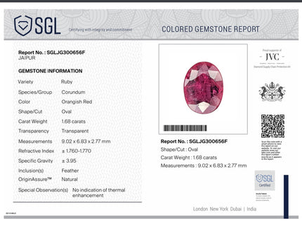1.68ct Untreated Natural Mozambique Ruby Cherry Red SGL Certified Oval Loose Gemstone
