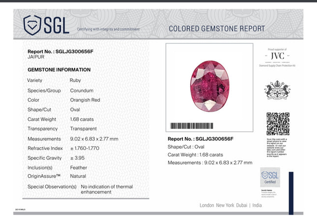1.68ct Untreated Natural Mozambique Ruby Cherry Red SGL Certified Oval Loose Gemstone