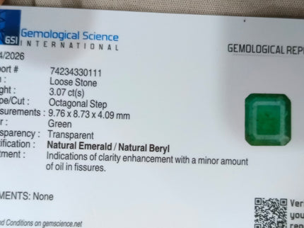 3.07ct Natural Emerald GSI Certified Medium Bluish Green Octagon Cut Gemstone