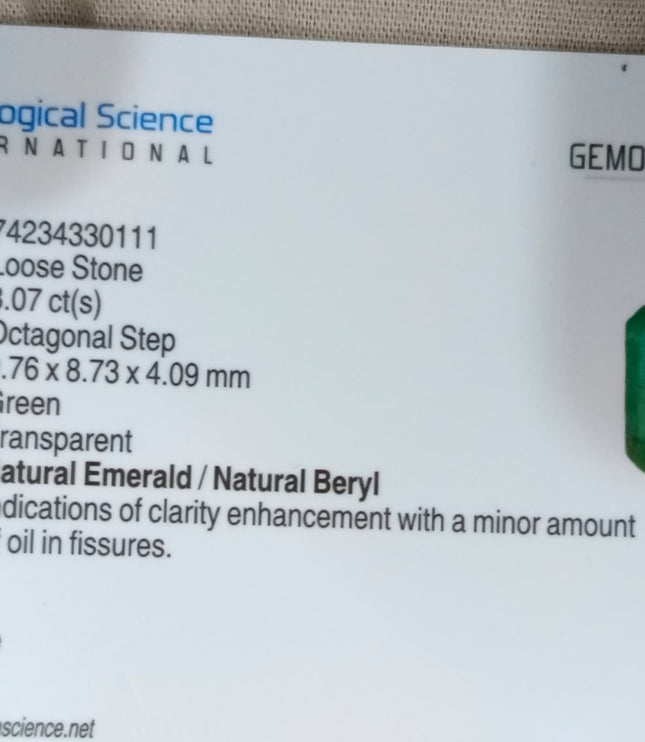 3.07ct Natural Emerald GSI Certified Medium Bluish Green Octagon Cut Gemstone