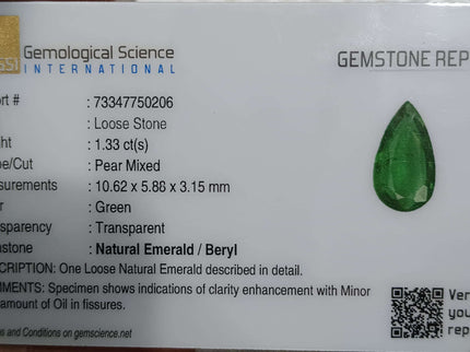 Certified 1.33ct Zambian Natural Emerald