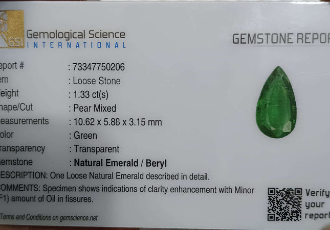 GSI Certified 1.33ct Deep Green Pear Cut Zambian Emerald Minor Oiled Loose Gemstone