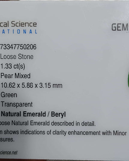 GSI Certified 1.33ct Deep Green Pear Cut Zambian Emerald Minor Oiled Loose Gemstone