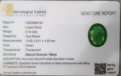 GSI Certified 3.19ct Medium Deep Vivid Green Emerald, 100% Natural Earth Mined Gem - SMSGEMS 