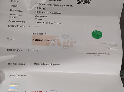 Zambian Emerald 10.21ct Certified Grass Green Natural Oval Cut Loose Stone