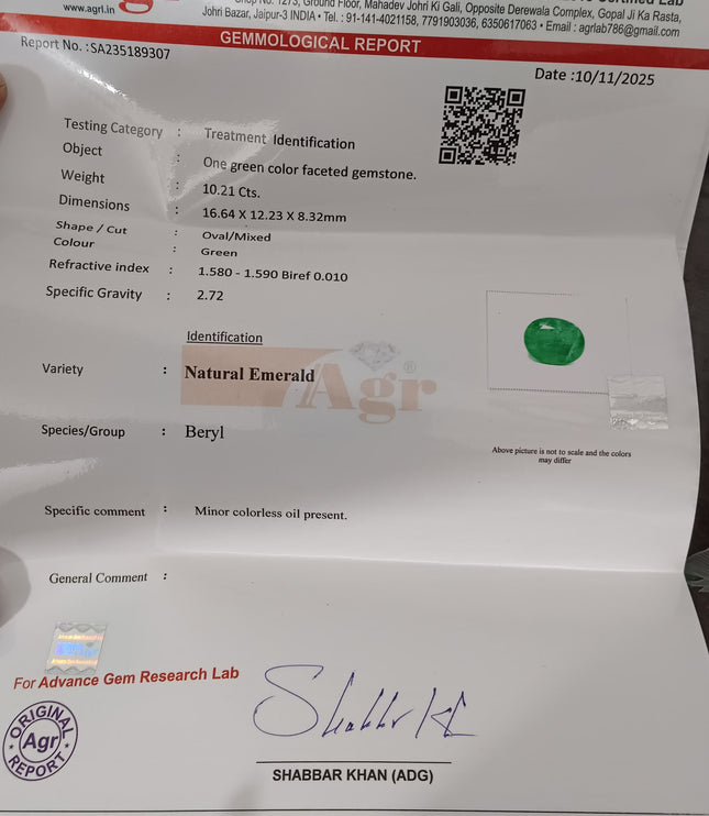 Zambian Emerald 10.21ct Certified Grass Green Natural Oval Cut Loose Stone