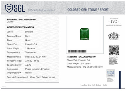 Natural Emerald 2.14ct Zambia Medium Deep Color SGL Certified Octagon Cut Minor Oiled Gemstone