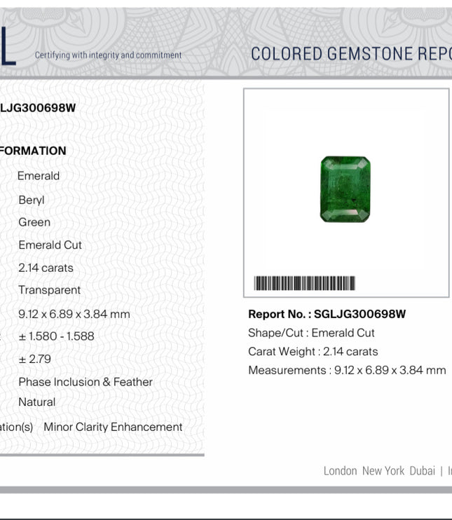 Natural Emerald 2.14ct Zambia Medium Deep Color SGL Certified Octagon Cut Minor Oiled Gemstone