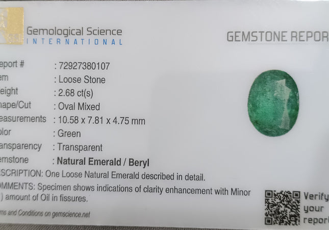 GSI Certified 2.68ct Water Green Emerald, Natural earth mined Gemstone