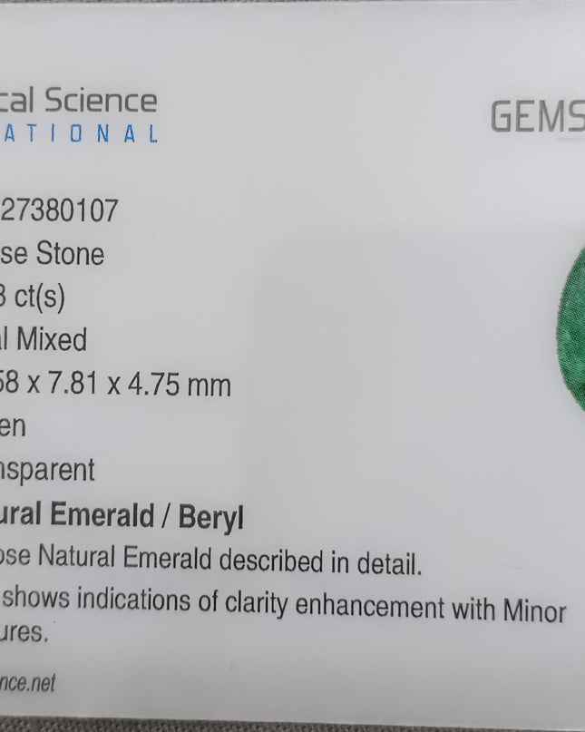 GSI Certified 2.68ct Water Green Emerald, Natural earth mined Gemstone