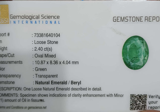 GSI Certified 2.40ct Zambian Emerald Earth Mined Loose Gemstone