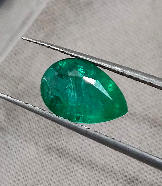 1.57ct Zambian Emerald Certified Natural Medium Deep Green Pear Cut Loose Gemstone