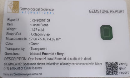 GSI Certified 1.37ct Zambian Emerald , 100% Natural Gemstone