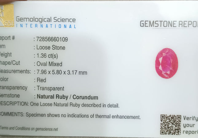 GSI Certified 1.36ct Mozambique Ruby, Natural Untreated Gemstone