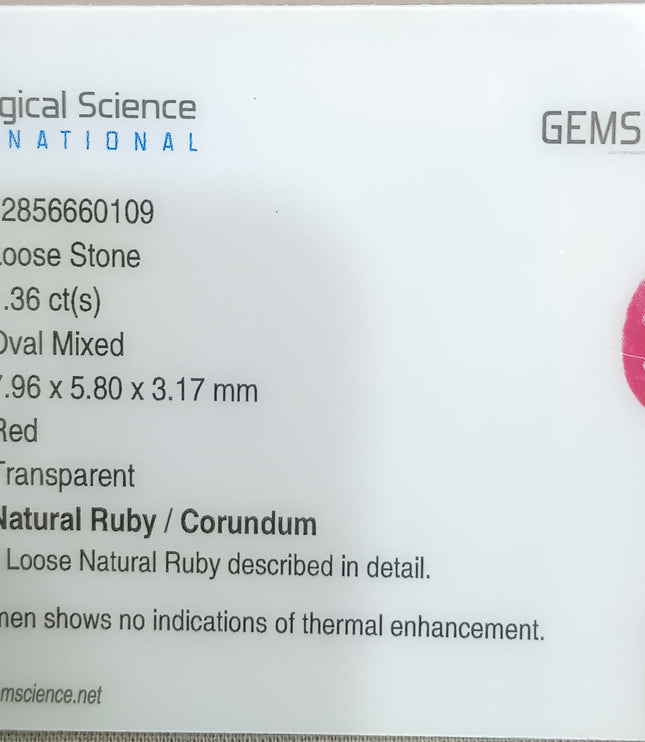 GSI Certified 1.36ct Mozambique Ruby, Natural Untreated Gemstone