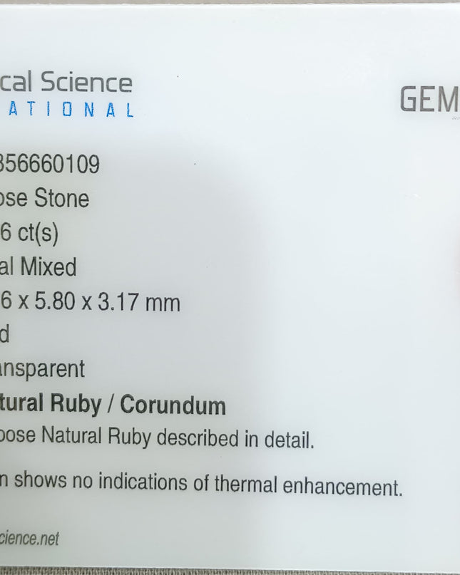 GSI Certified 1.36ct Mozambique Ruby, Natural Untreated Gemstone