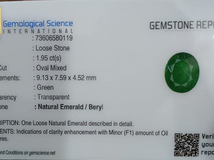 Vivid Green 1.95ct Zambian Emerald, Certified Natural Oval Cut Loose Stone