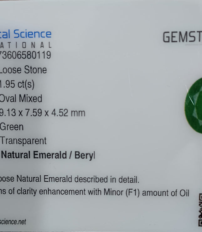 Vivid Green 1.95ct Zambian Emerald, Certified Natural Oval Cut Loose Stone