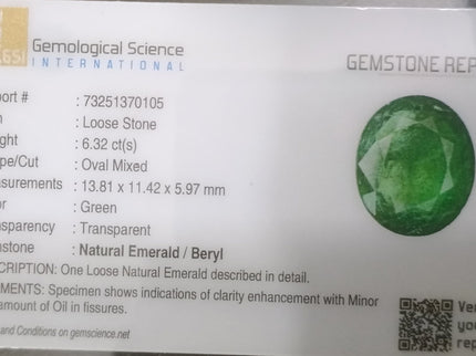 Emerald Natural 6.32ct Certified Medium Deep Green Oval Cut Loose Gemstone