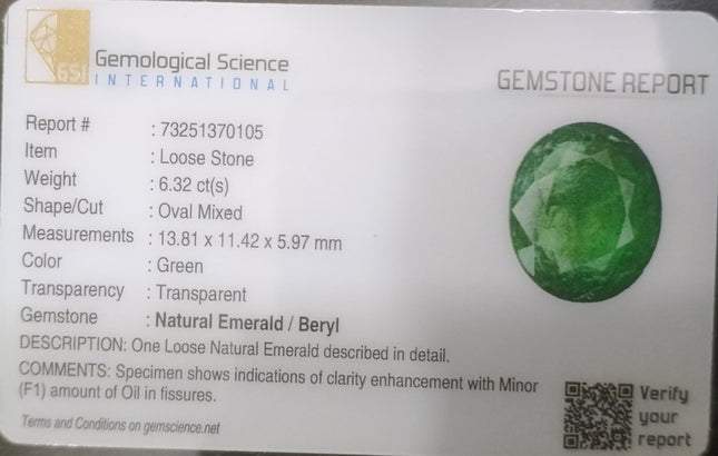 Emerald Natural 6.32ct Certified Medium Deep Green Oval Cut Loose Gemstone