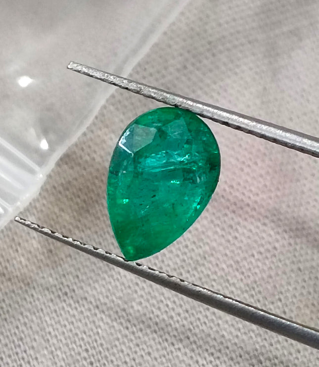 1.57ct Zambian Emerald Certified Natural Medium Deep Green Pear Cut Loose Gemstone