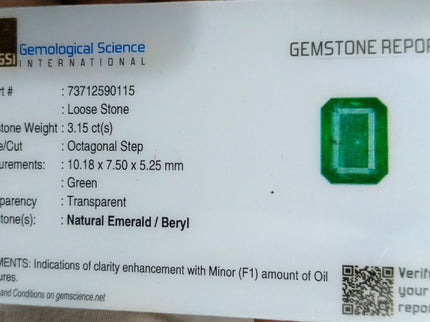 3.15ct Zambian Emerald, Certified Natural Deep Green Octagon Cut Gemstone