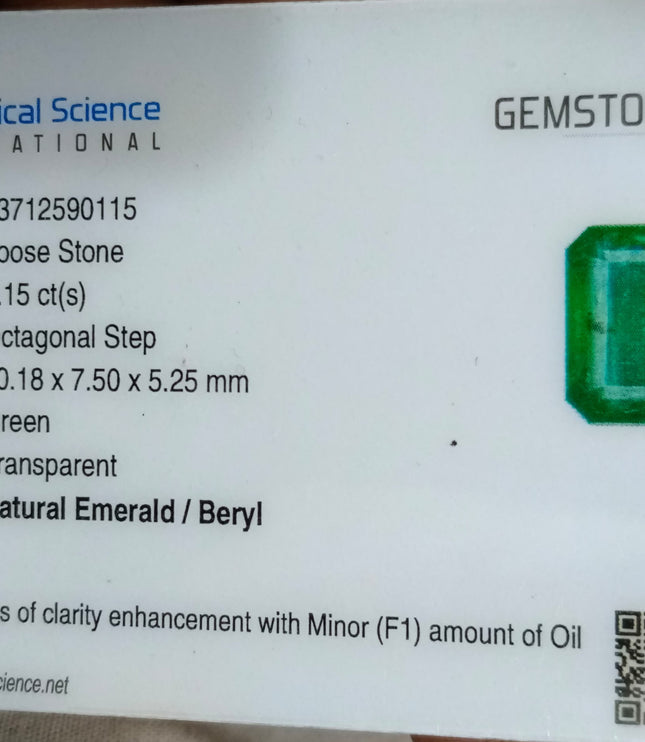 3.15ct Zambian Emerald, Certified Natural Deep Green Octagon Cut Gemstone