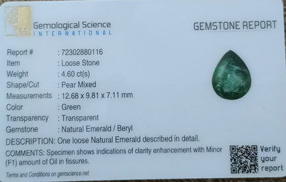 GSI Certified 4.60ct Deep Green Zambian Emerald , 100% Natural Earth Mined Gemstone