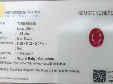 GSI Certified 1.33ct Mozambique Ruby, Natural Untreated Gemstone