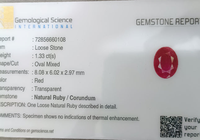 GSI Certified 1.33ct Mozambique Ruby, Natural Untreated Gemstone