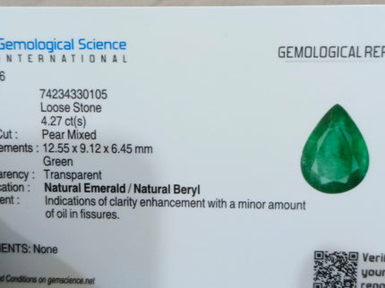 4.27ct Natural Emerald GSI Certified Zambian Deep Pure Green Pear Cut Loose Gemstone