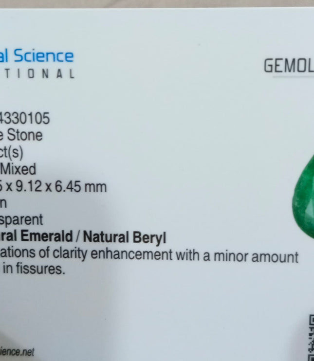 4.27ct Natural Emerald GSI Certified Zambian Deep Pure Green Pear Cut Loose Gemstone