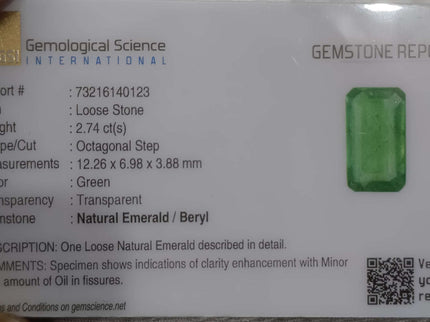 Zambian Emerald 2.74ct Certified Natural Medium Light Green Octagon Cut Loose Stone