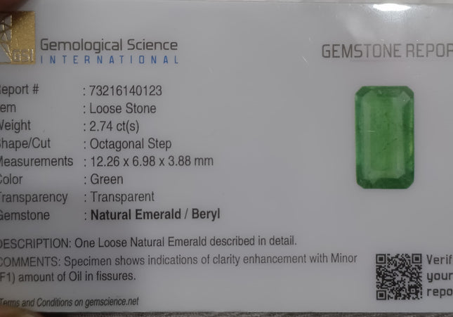 2.74ct GSI Certified Medium Green Zambian Emerald Minor Oiled Loose Gemstone