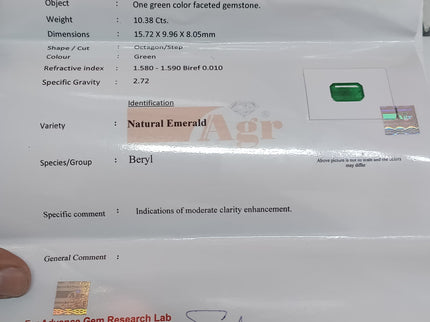 Natural Emerald 10.38ct Certified Zambian Deep Velvet Green Octagon Cut Gemstone