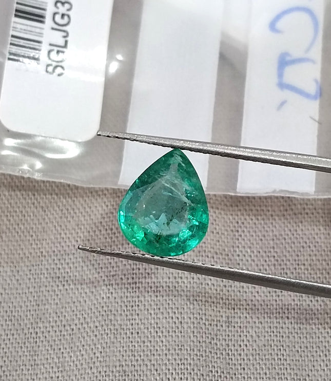 1.72ct Natural Emerald Zambia SGL Certified Medium Green Pear Cut Loose Gemstone