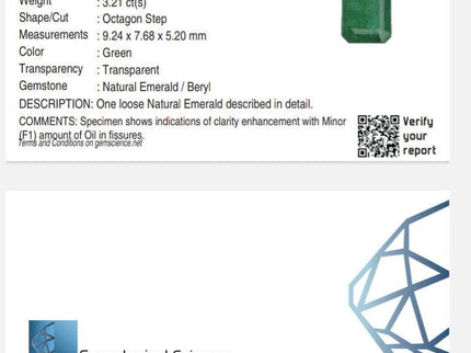 Certified 3.21 Zambian Natural Emerald.