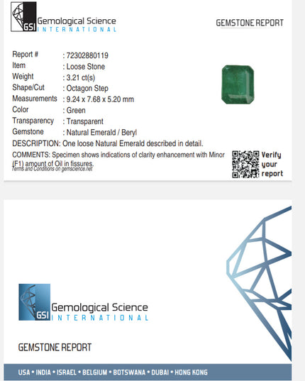 GSI Certified 3.21 Deep Green Natural Emerald Loose Gemstone