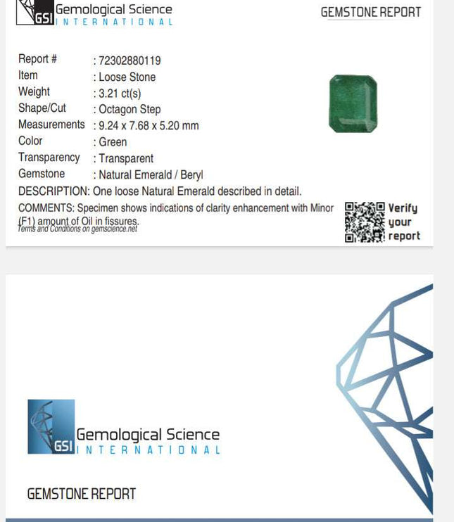 Certified 3.21 Zambian Natural Emerald.